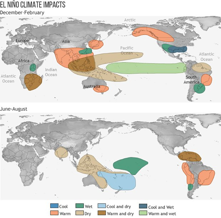 Bản đồ hiển thị các khu vực châu Á chịu ảnh hưởng nặng nhất từ El Niño năm 2026